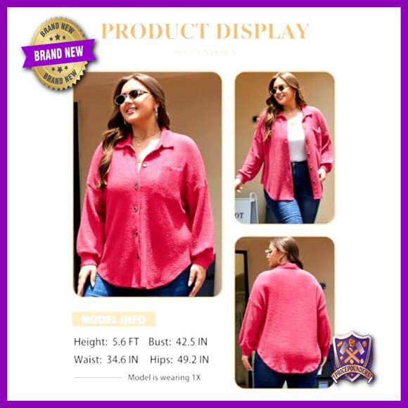 Plus Size Waffle Knit Shacket Long Sleeve Button Down Boyfriend Shirt - Picture 3 of 7